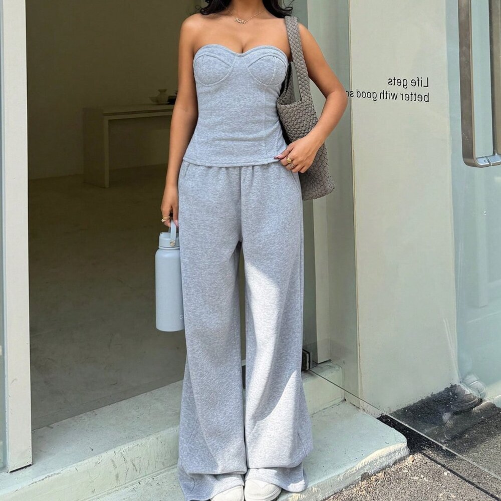 Grey Casual Women's Minimalist Sports Top And Sweatpants Set